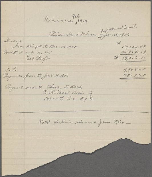 Agreements, correspondence, forms, statements from various theatrical agencies concerning Samuel Langhorne Clemens from the files of the American Play Company.: Pudd'nhead Wilson