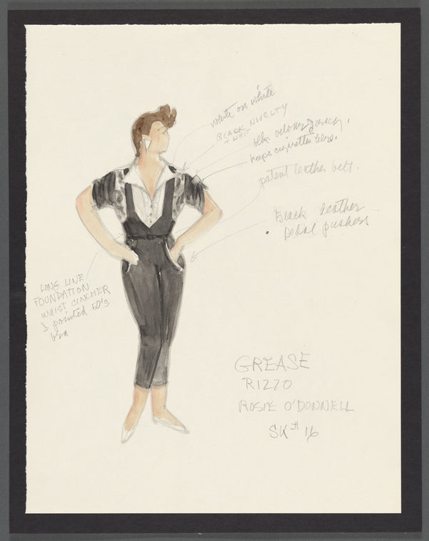 Grease: Costume sketch for Rizzo (Rosie O'Donnell), with alternate and draft sketches