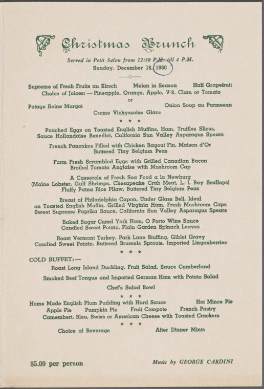 Sunday Christmas brunch menu, Park Lane