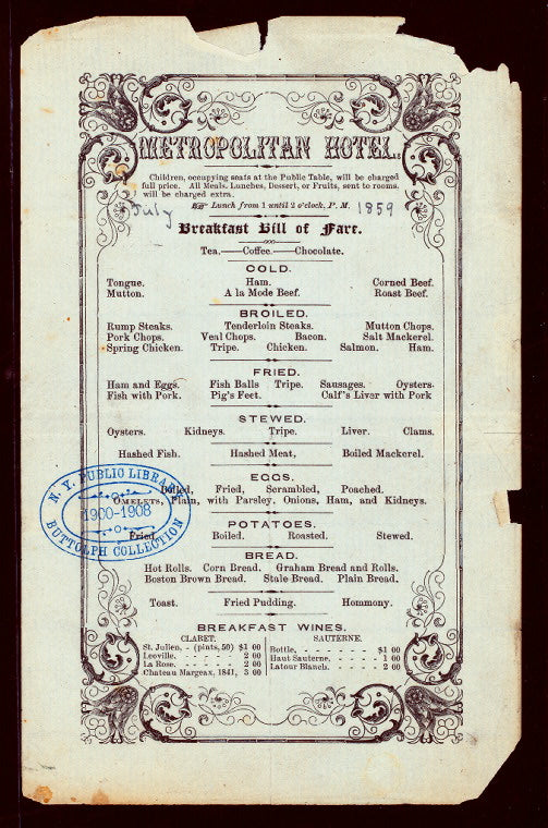 BREAKFAST MENU [held by] METROPOLITAN HOTEL [at] "[NEW YORK, NY]" (HOTEL)