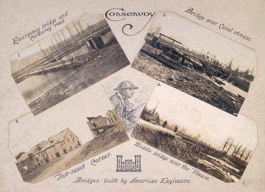 Consenvoy, bridges built by American engineers : Emergency bridge and corduroy road ; Bridge over canal stream ; Toot-sweet corner ; Middle bridge over the Meuse.