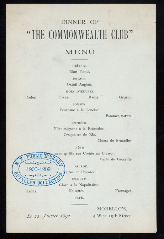 DINNER [held by] COMMONWEALTH CLUB [at] "MORELLO'S 4 WEST 29TH ST. NEW YORK, NY" (REST;)