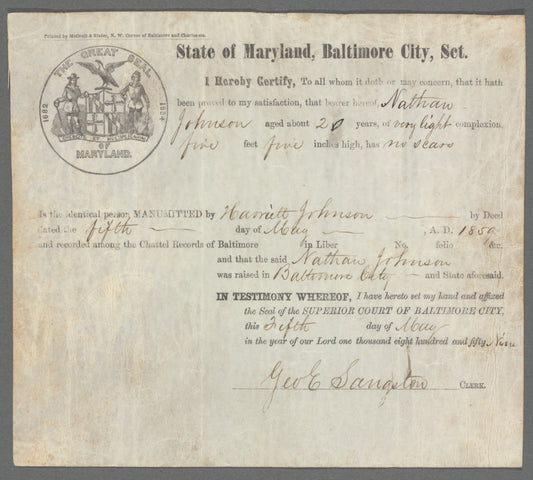 Nathan Johnson Manumitted by Harriett Johnson