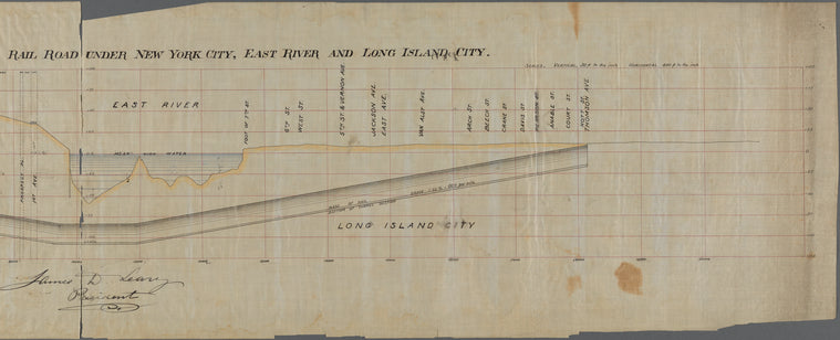 Profile of the New York and Long Island Rail Road under New York City, East River, and Long Island City.