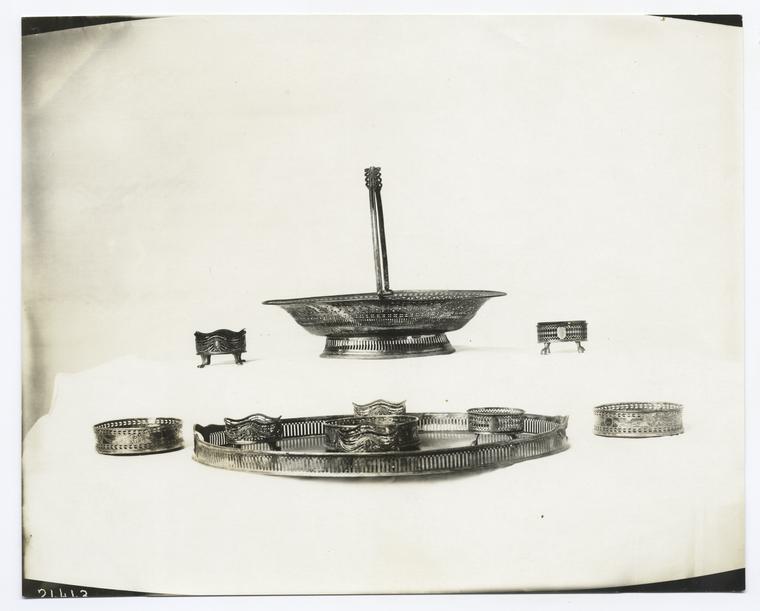 Silver cake basket & tray, with coasters used at Mt. Vernon by Washington. (Smithsonian Institution, Dept. of History)