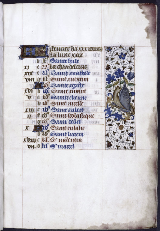 Page of calendar for the month of February, in French, with entries for each day; border decoration includes a winged grotesque
