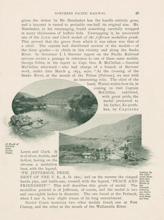 At mouth of the Potlatch River (Colter Creek) ; Looking up the clearwater (Koos-Koos-Kee) from the mouth of the Potlatch. Showing also Chief's Grave from which Medal was taken