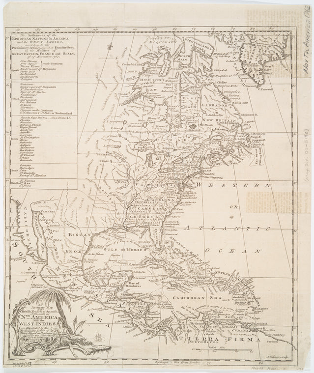An accurate map of the British, French & Spanish settlements in Nth. America and the West Indies:  as stipulated by the preliminary articles of peace sign'd at Fontainebleau by the ministers of Great Britain, France & Spain, Novr. 3d, 1762