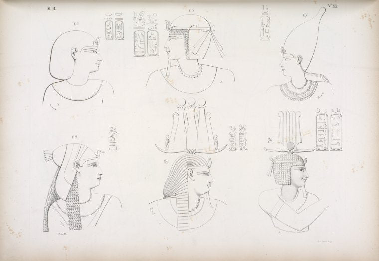 Fig. 65. Alessandro [Alexander the Great]. Fig. 66. Filippo-Arrideo[Philip Arrhidaeus]. Fig. 67. Tolomeo-Filadelfo [Ptolemy II Philadelphus]. Fig. 68. Arsinoe. Fig. 69. Erkamon [Arqamani]. Fig. 70. Atarramon.