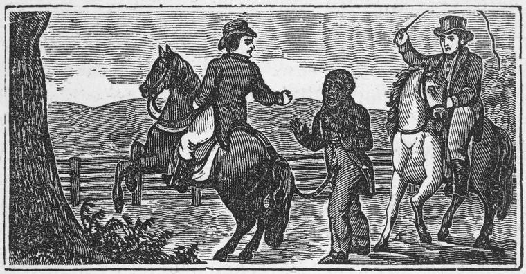 A black man being physically restrained and whipped by two white men on horseback