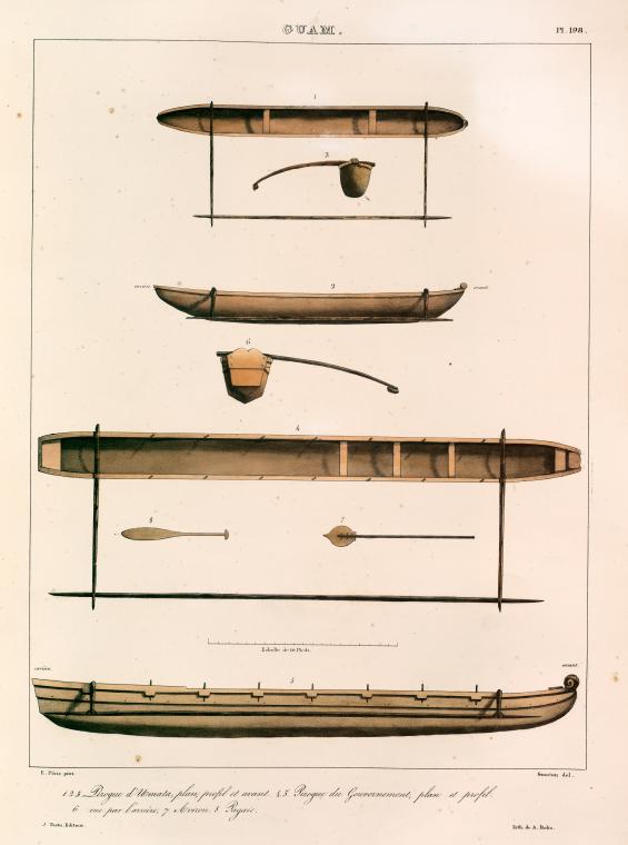 Guam.: 1. 2. 3. Pirogue d' umata, plan, profil et avant; 4. 5. Pirogue du Government, plan et profil; 6. vue par l'aviére; 7. Aviron; 8. Pagaie.