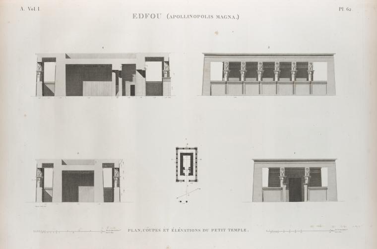 Edfou [Idfû] (Apollinopolis Magna). Plan, coupes et élévations du Petit Temple.