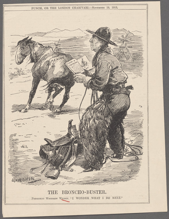 The broncho-buster. President Woodrow Wilson: "I wonder what I do next"