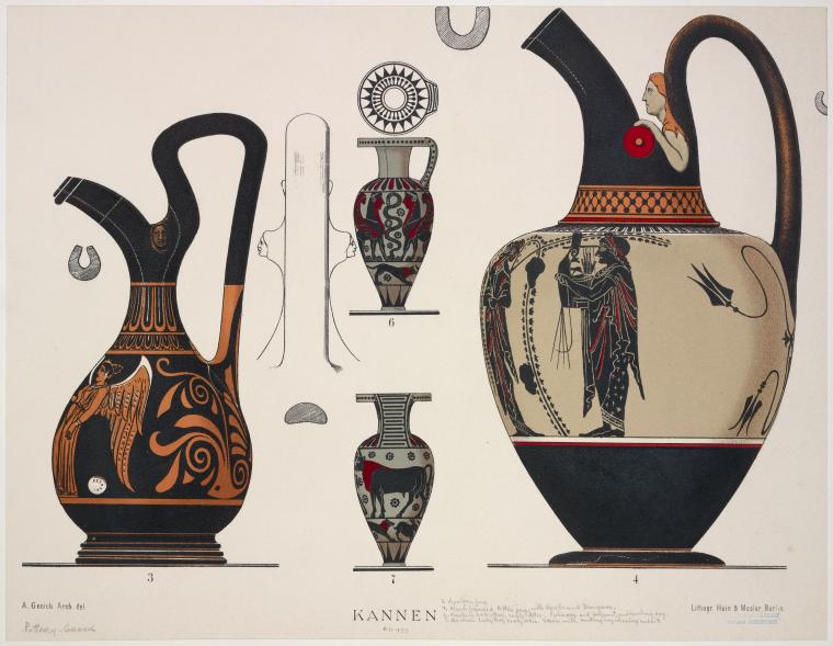 3. Apulian jug ; 4. Black figured Attic jug, with Apollo and Dionysus ; 6. Archaic lekythoi [lekythos], early Attic, [with] sphinxes and serpent, and hunting dog ; 7. Archaic lekythoi [lekythos], early Attic, steer with hunting dog chasing rabbit.
