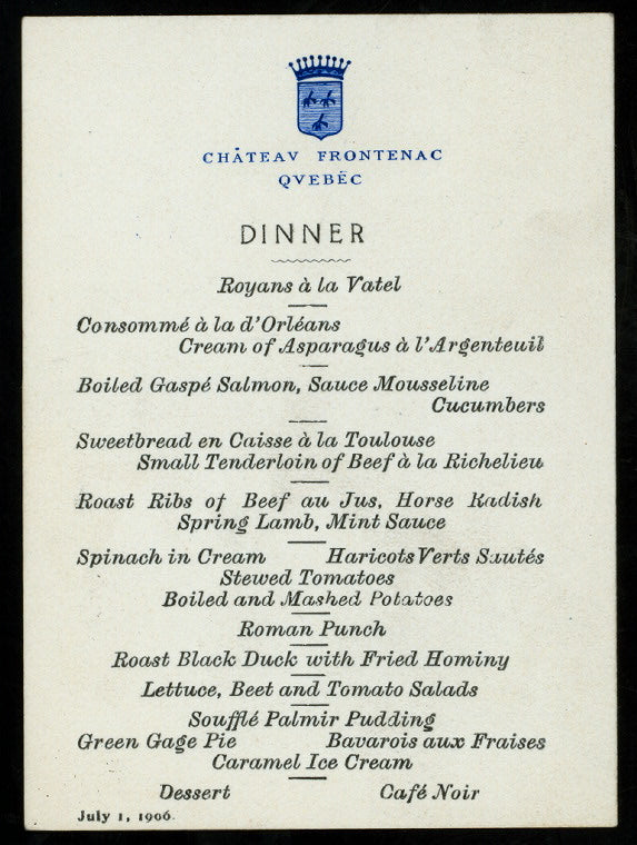 DAILY MENU, DINNER [held by] CHATEAU FRONTENAC [at] "QUEBEC, CANADA" (FOR;)