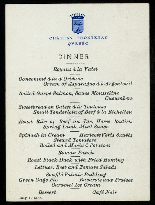 DAILY MENU, DINNER [held by] CHATEAU FRONTENAC [at] "QUEBEC, CANADA" (FOR;)