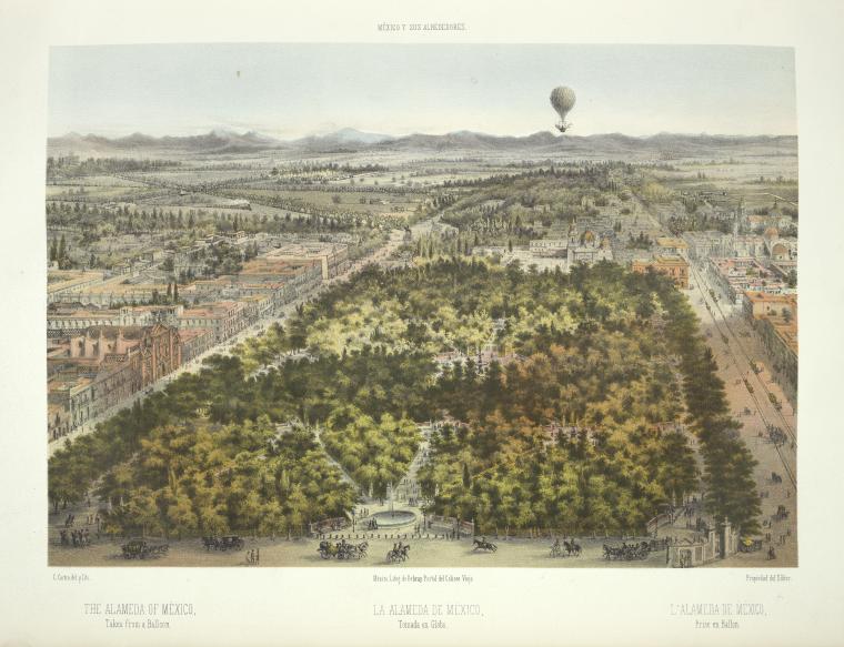 La Alameda de México, tomada en globe = L'Alameda de México, prise en ballon = The Alameda of Mexico, taken from a balloon.