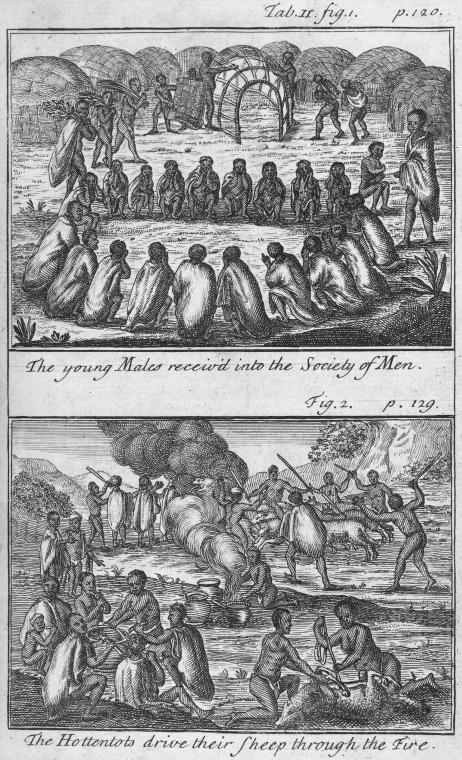 The Young Males receiv'd into the Society of Men.  The Hottentots drive their Sheep through the fire.