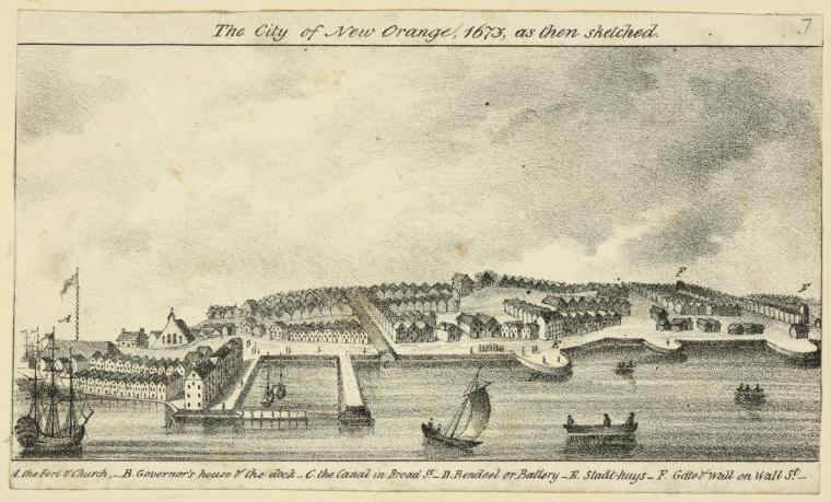 The City of New Orange, 1673, as then sketched. A. the fort & church, B. Governor's house & the dock, C. The canal in Broad St. D. Rondeel or Battery, E. Stadt-huys, F. Gate & wall on Wall St.