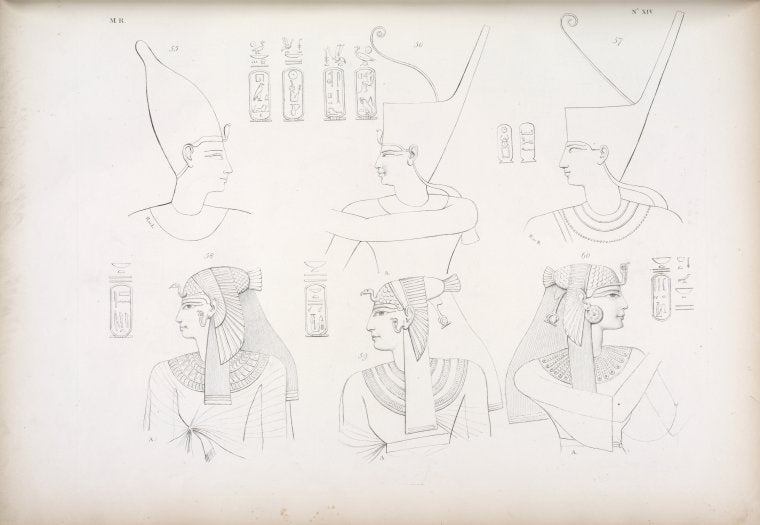 Fig. 55. Hakôr [Hakoris]. Fig. 56. Psimut [Psammuthis]. Fig. 57. Nahsctefnêb [Nectanebo I]. Fig. 58. Amonmai [Merytamun]. Fig. 59. Nebto [Nebtaui]. Fig. 60. Titi [Tiyi].