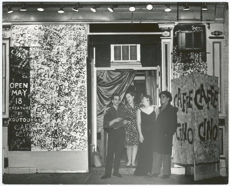 Caffe Cino. Henry Ansel, Judy Eckhardt, and Harry Koutoukas in front of Caffe Cino.