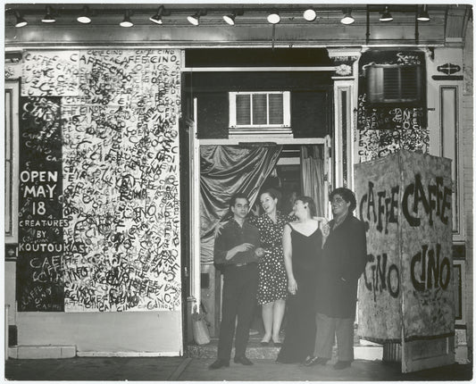 Caffe Cino. Henry Ansel, Judy Eckhardt, and Harry Koutoukas in front of Caffe Cino.