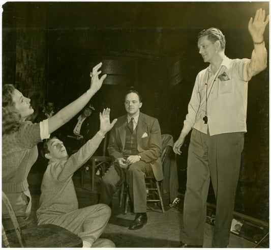 Constance Moore (Antiope), Ray Bolger (Sapiens), Joshua Logan (director) and Robert Alton (choreographer) in rehearsal for By Jupiter