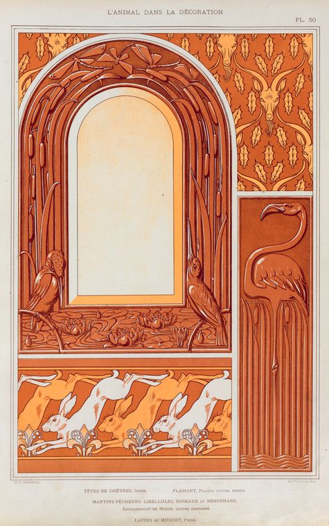 Têtes de chèvres, semis. Flamant, plaque cuivre fondu. Martins-pêcheurs, libellules, roseaux et nénuphars, encadrement de miroir cuivre repoussé. Lapins et muguet, frise.