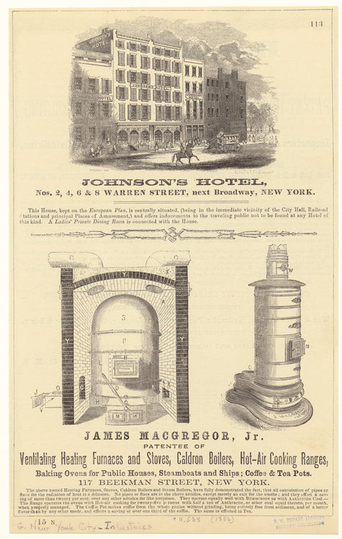 Johnson's Hotel ; James Macgregor, Jr. patentee of ventilating heating furnaces and stoves, caldron boilers, hot-air cooking ranges, baking ovens for public houses, steamboats and ships ; coffee and tee pots