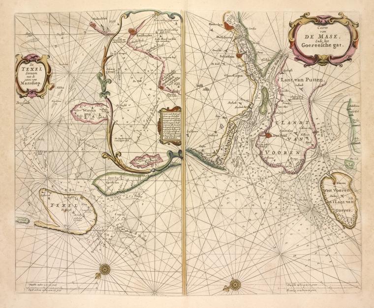 De Texel Stroom met de gaten vant Marsdiep. Caarte de Mase, ende het Goereesche gat.