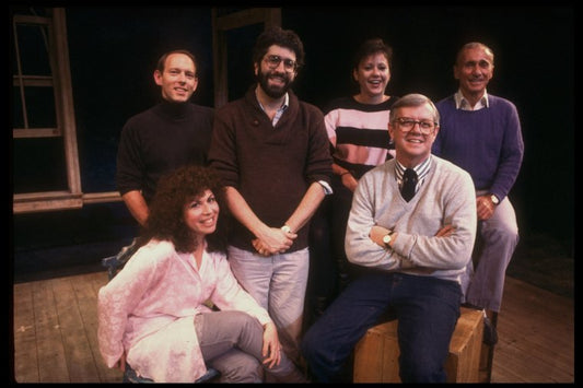 (2L-R) Writer Winnie Holzman, composer David Evans, choreographer Linda Haberman, producer John McQuiggan & director Arthur Laurents on the set of their Off-Broadway musical "Birds of Paradise." (New York)