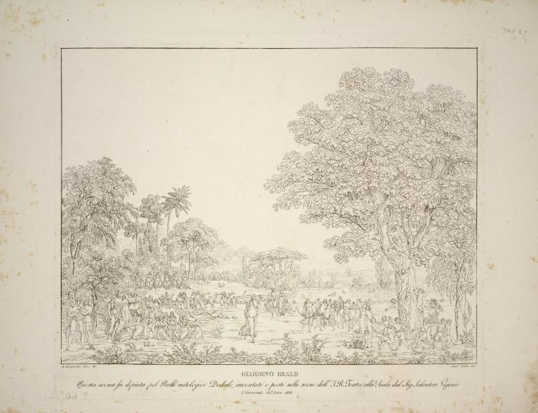 Giardino reale.  Questa scena fu dipinta pel ballo mitologico Dedalo, inventato e posto sulle scene dell'I. R. Teatro alla Scala dal Sig. Salvatore Viganò, il carnevale dell'anno 1818. A. Sanquirico inv. e dip. Carol. Luose inc.