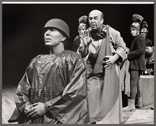 Brian Bedford, Howard Da Silva [foreground] and unidentified others in the stage production The Unknown Soldier and His Wife