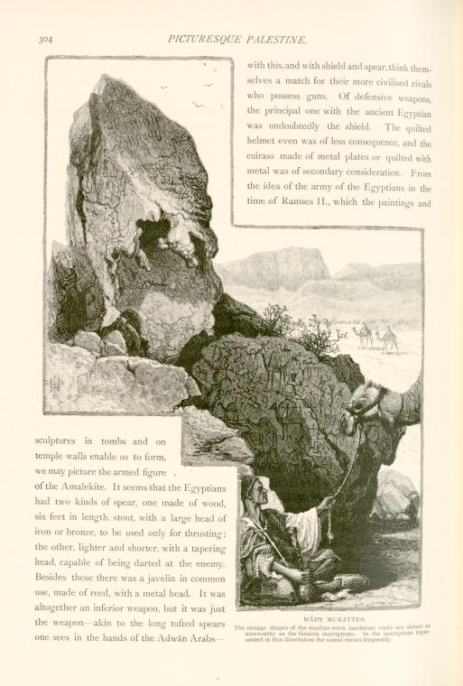 Wâdy Mukatteb.  The strange shapes of the weather-worn sandstone rocks are almost as noteworthy as the Sinaitic inscriptions.  In the inscriptions represented in this illustration the camel occurs frequently.