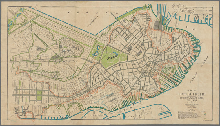 Plan of Boston proper, showing changes in street and wharf lines, 1795 to 1895