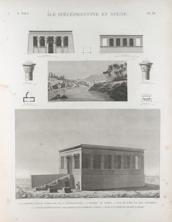 Île d'Éléphantine et Syène [Aswân]. 1. Vue perspective du temple du sud à Éléphantine; 2.3. Temple du nord; 4. Vue de l'île et des environs; 5-8. Plan, élévation et chapiteaux d'un temple à Syène; 9. Plan d'un édifice ruiné à Syène.