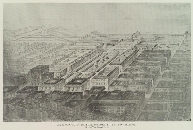 The group plan of the public buildings. Birdseye view looking north.
