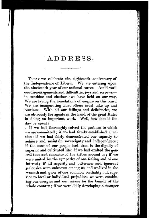 Our origin, dangers and duties: The annual address before the mayor and common council of the city of Monrovia, July 26, 1865, the day of national independence; and repeated on Tuesday, August 1, 1865, at Caldwell, St. Paul's River