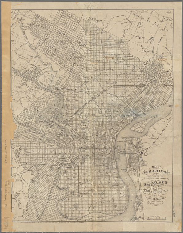 Map of Philadelphia photographically reduced from the 25 large sectional drawings contained in Smedley's complete atlas of Philadelphia