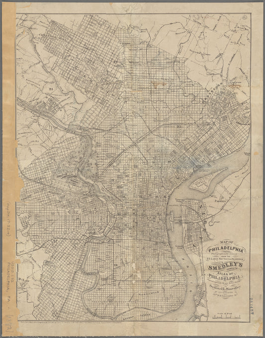 Map of Philadelphia photographically reduced from the 25 large sectional drawings contained in Smedley's complete atlas of Philadelphia