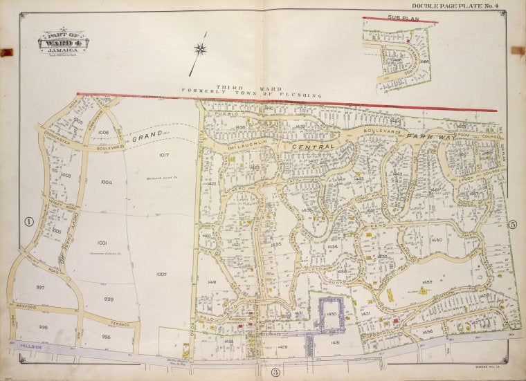 Queens, Vol. 1A, Double Page Plate No. 4; Part of Ward 4 Jamaica. [Map bounded by Boundry line between 3rd and 4th Wards; Including  Sappho St., Hillside Ave., Avon Road]; Sub Plan; [Map bounded by Epsom Course, Sappho St.]