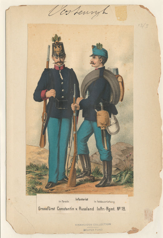 Infanterist in Parade [left], in Feldausrüstung [right]. Grossfürst Constantin v. Russland, Inftr.-Rgmt.  No. 18