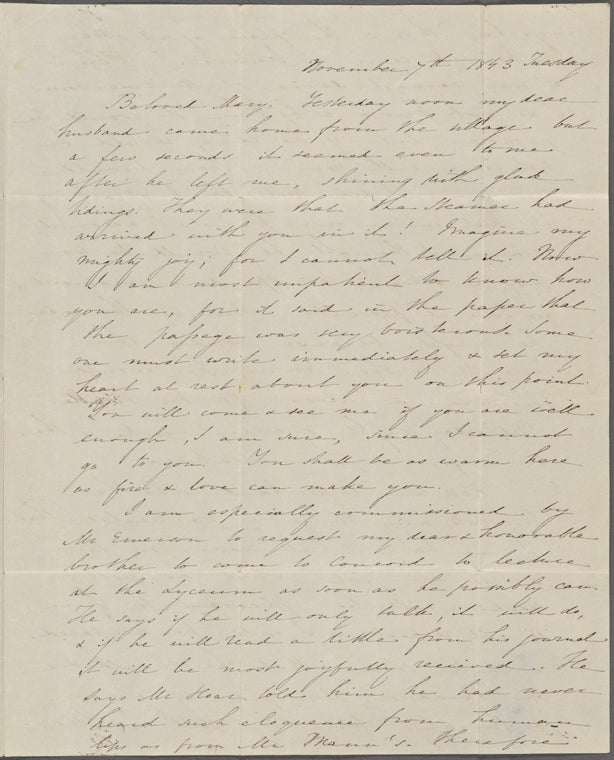 Mann, Mary Peabody, ALS to. Postscript by Nathaniel Hawthorne. Nov. 7, 1843.