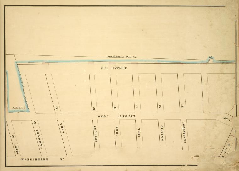Map bounded by Bulkhead & Pier Line 57, 10th Ave, Washington St, Perry St; Including 13th Avenue, West Street, Hammond St, Bank St, Bethune St, Troy St, Jane St, Horatio St, Gansevoort St