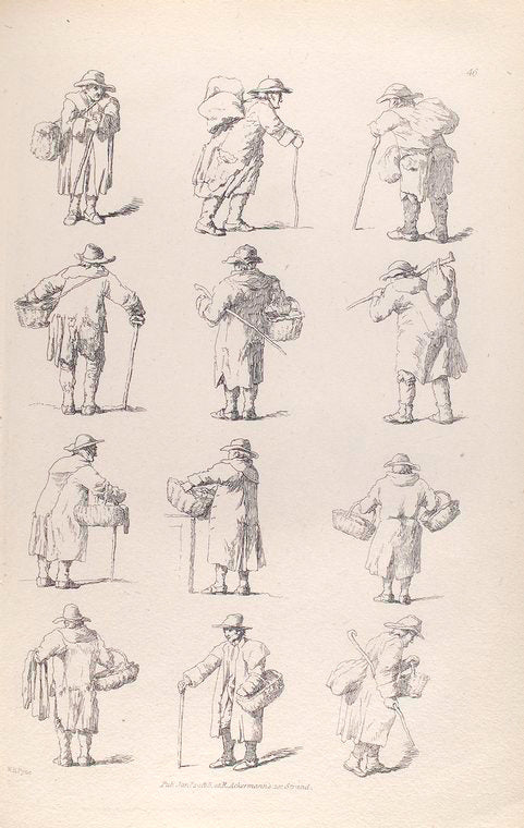 Men use walking sticks and carrying sacks or baskets