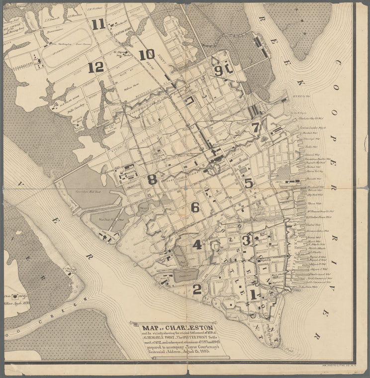 Map of Charleston and its vicinity: showing the original settlement of 1670 at Albemarle Point, the Oyster Point settlement of 1672, and subsequent extensions of 1783 and 1849, prepared to accompany Mayor Courtenay's centennial address, August 13, 1883