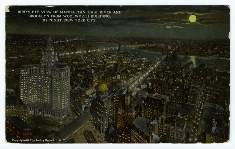 Bird's eye view of Manhattan, East River and Brooklyn from Woolworth Building, by night, New York City
