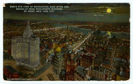 Bird's eye view of Manhattan, East River and Brooklyn from Woolworth Building, by night, New York City