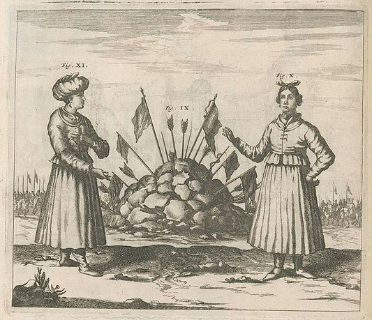 Alius habitus Viri Aulici; Trophæa quæ insummis montium cum adoratione magno lamie eriguntur, pro conservatione hominum & equorum.