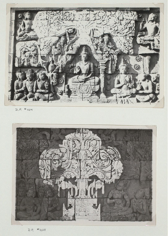 Borobudur - General: Relief, seated figure with attendants, Chandi Borobudur, Third Gallery ; Ornamental tree with seated figures. Chandi Borobudur, Third Gallery